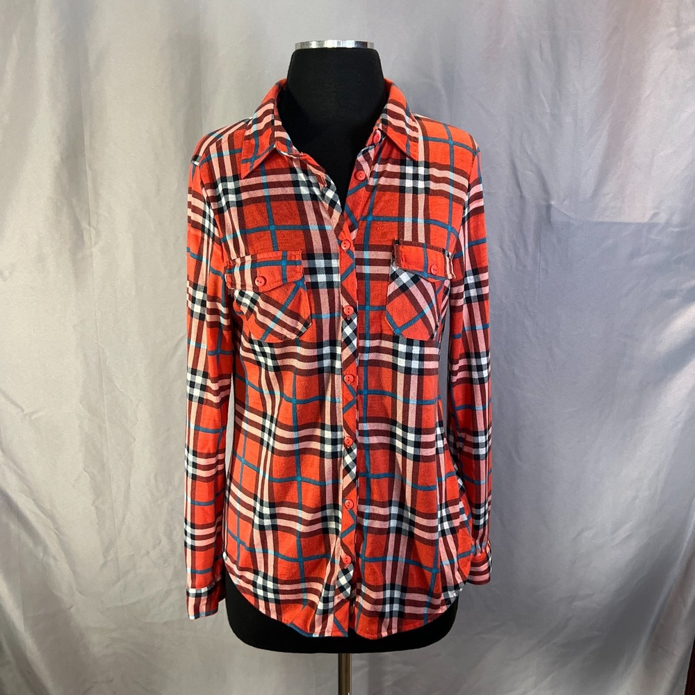 Passport Flannel Shirt Women Medium Multicolor Plaid Dual Chest Pocket Button Up